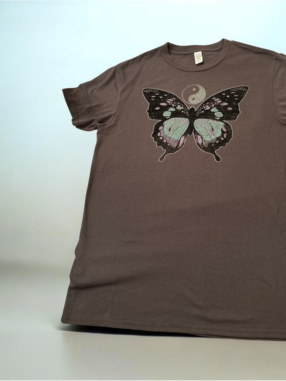 Women's Brown Butterfly Graphic Tee with Yin-Yang Detail